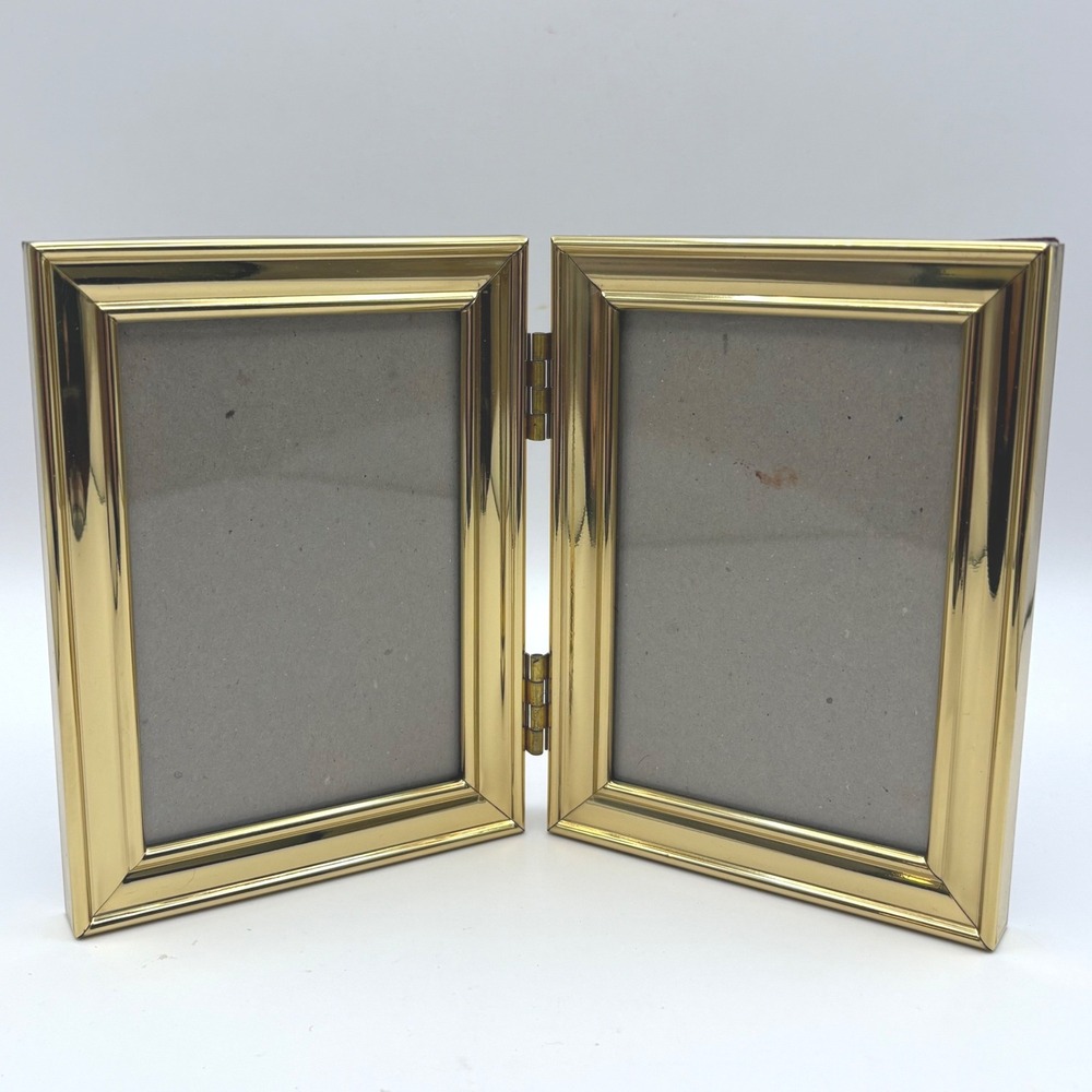 Vintage Brass Double Picture Frame Gold BiFold Hinged Tabletop Boho Photo Decor